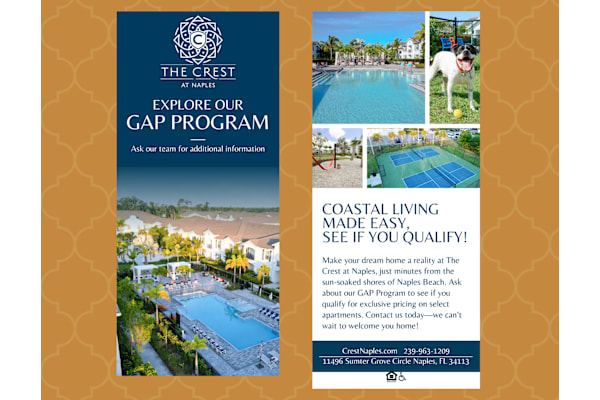 A brochure for The Crest at Naples, promoting their GAP Program and coastal living.